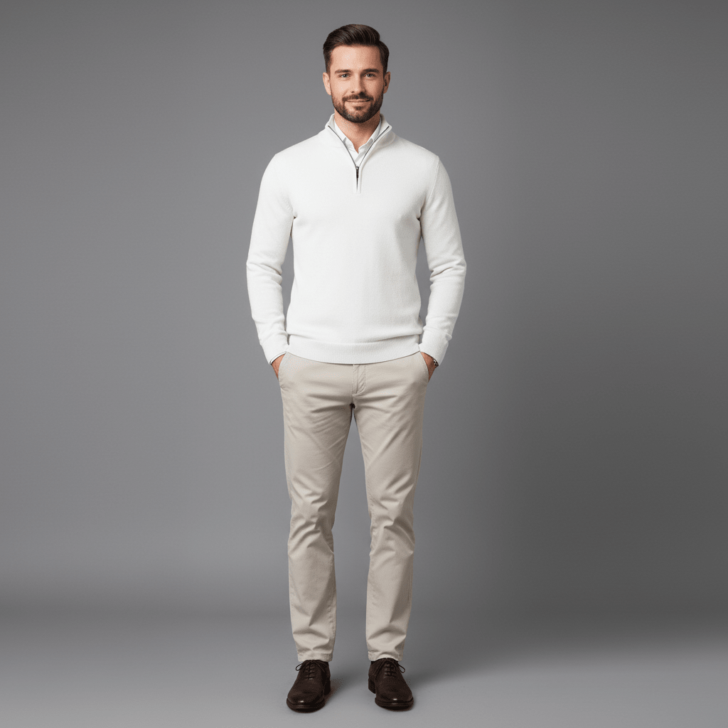 Man wearing a light gray sweater and beige pants on a gray background