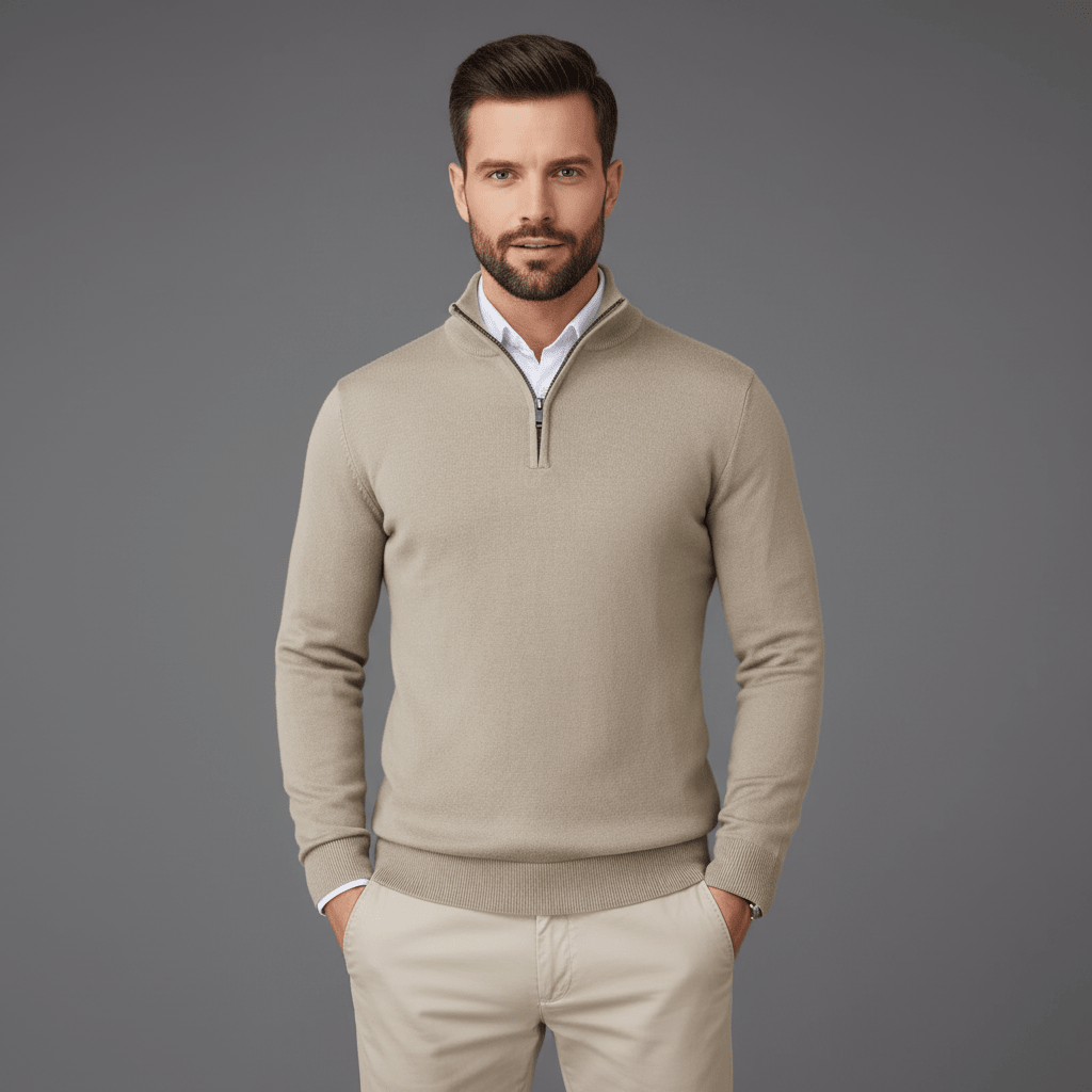Man wearing a beige sweater and pants against a gray background