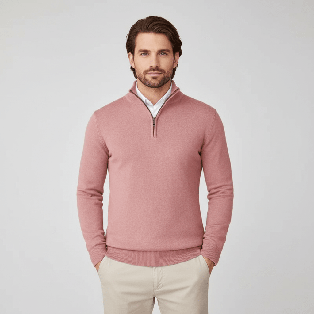 Man wearing a pink sweater with a white shirt underneath on a light gray background