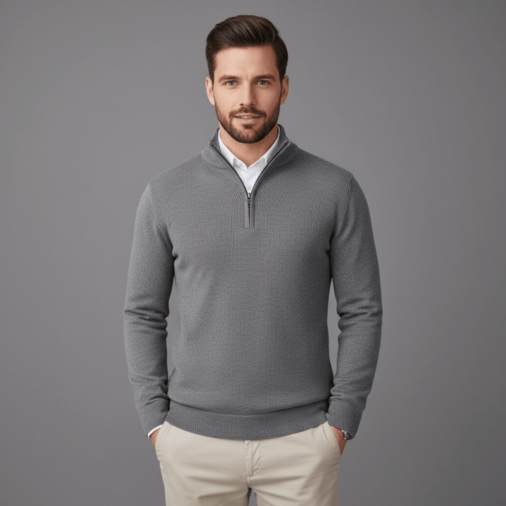 Man wearing a gray quarter-zip sweater against a gray background