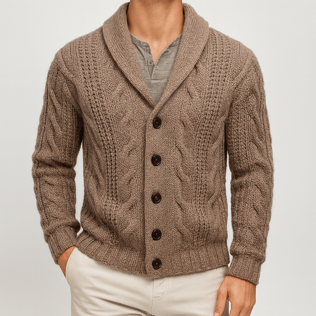 Brown knitted cardigan worn by a person on a light gray background