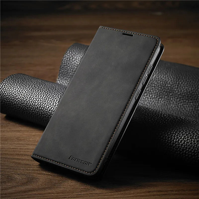 Black phone case on a textured surface