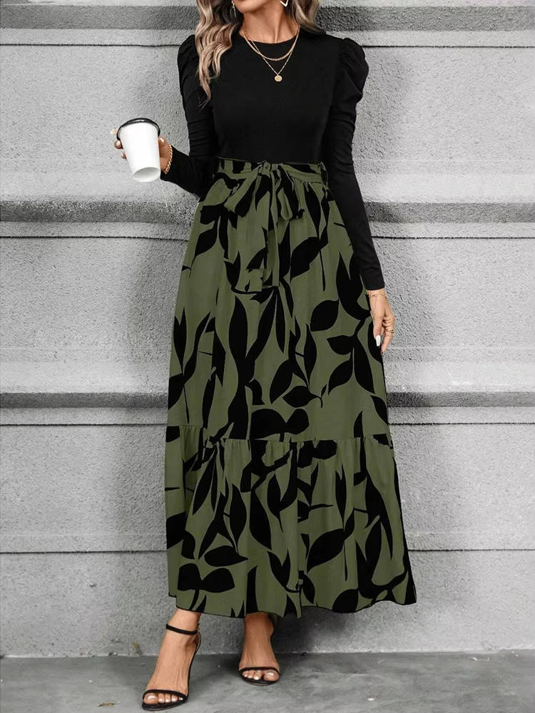 Damska Elegancka Kwiatowa Długi Rękaw Wiązana Sukienka Maxi