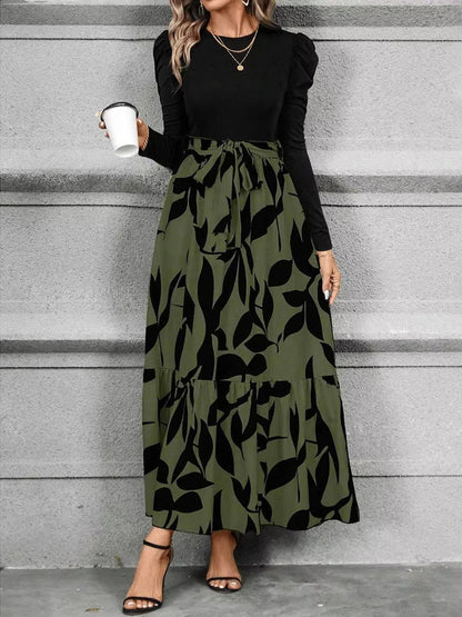 Damska Elegancka Kwiatowa Długi Rękaw Wiązana Sukienka Maxi