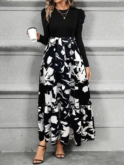 Damska Elegancka Kwiatowa Długi Rękaw Wiązana Sukienka Maxi