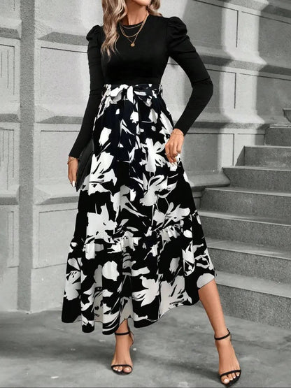 Damska Elegancka Kwiatowa Długi Rękaw Wiązana Sukienka Maxi