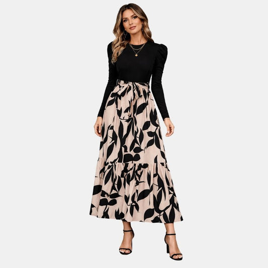 Damska Elegancka Kwiatowa Długi Rękaw Wiązana Sukienka Maxi