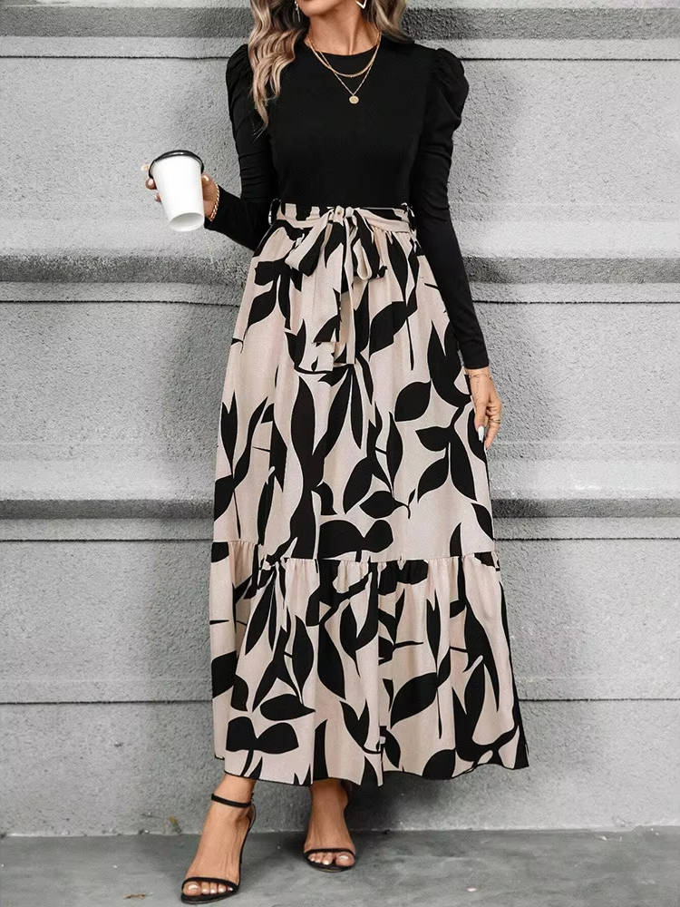 Damska Elegancka Kwiatowa Długi Rękaw Wiązana Sukienka Maxi