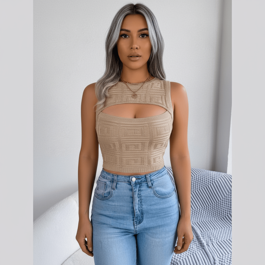 Woman wearing a beige sleeveless top and blue jeans against a neutral background