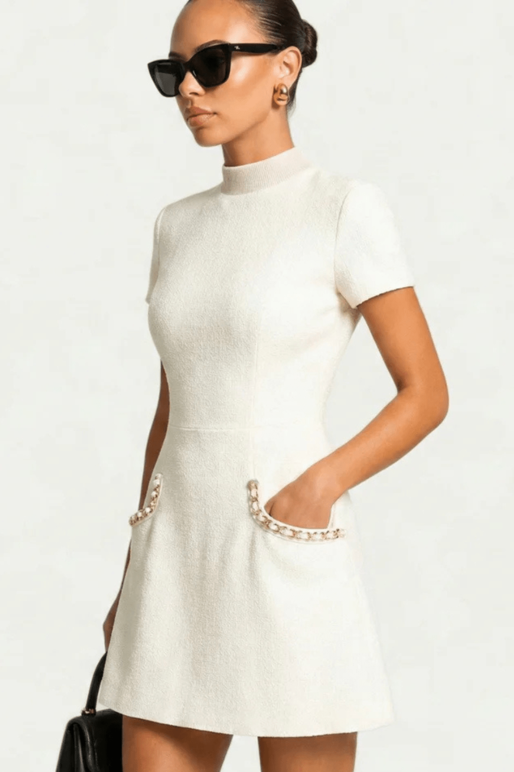 Damska Elegancka Perłowe Wykończenie Krótki Rękaw Mini Sukienka