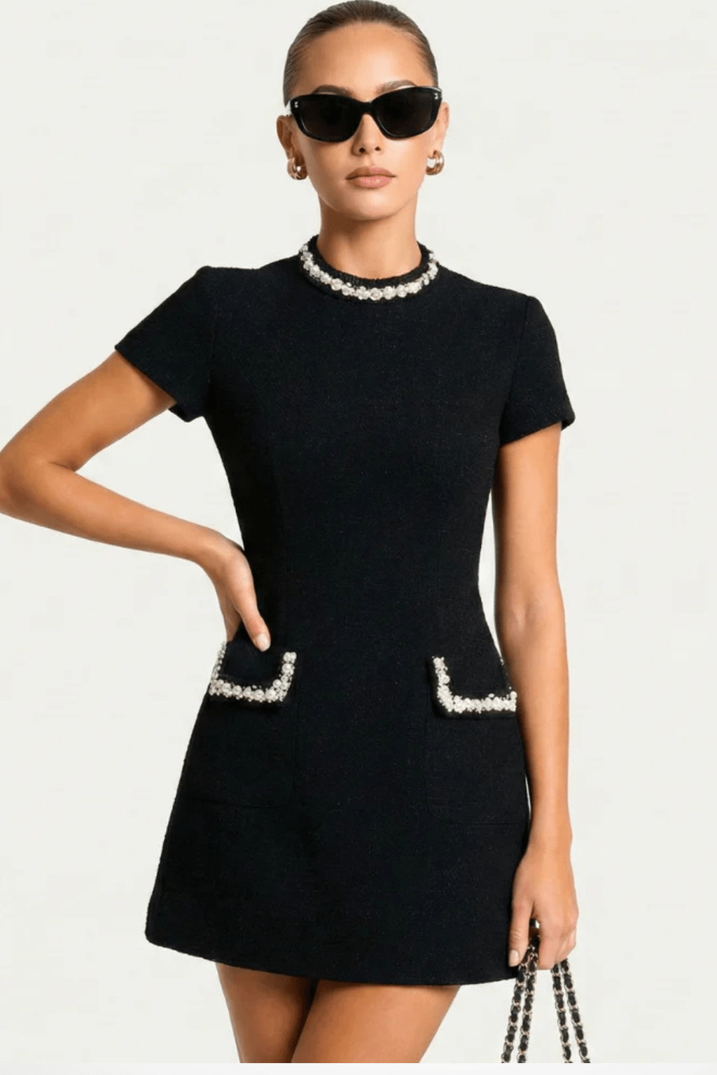 Damska Elegancka Perłowe Wykończenie Krótki Rękaw Mini Sukienka