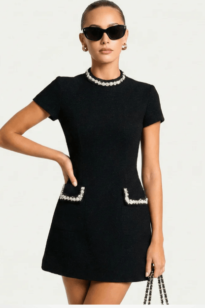Damska Elegancka Perłowe Wykończenie Krótki Rękaw Mini Sukienka