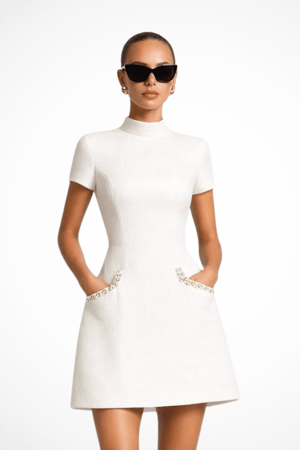 Damska Elegancka Perłowe Wykończenie Krótki Rękaw Mini Sukienka