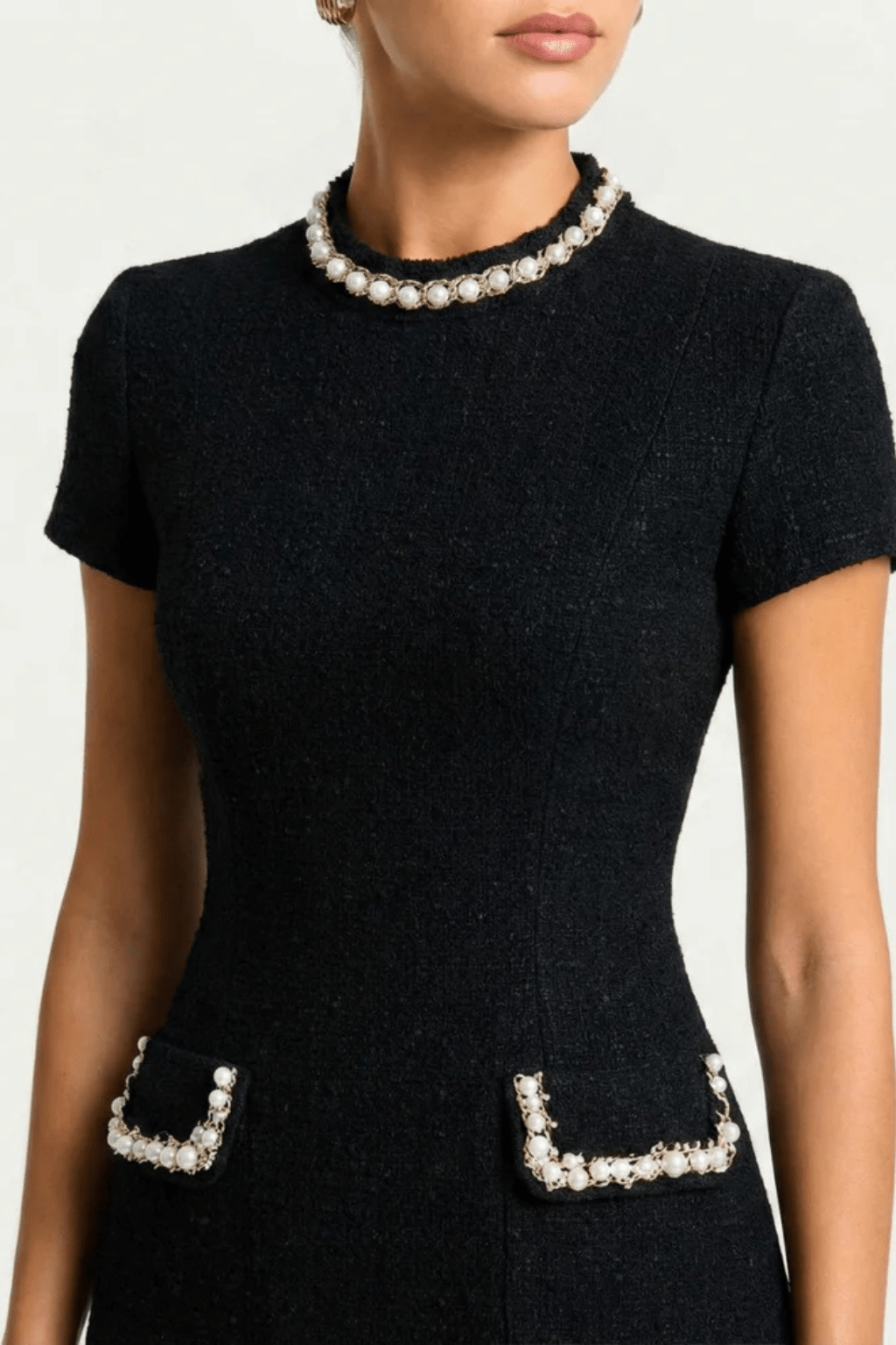 Damska Elegancka Perłowe Wykończenie Krótki Rękaw Mini Sukienka