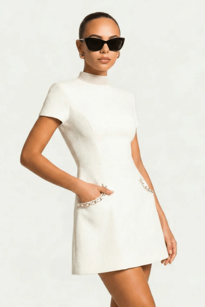 Damska Elegancka Perłowe Wykończenie Krótki Rękaw Mini Sukienka