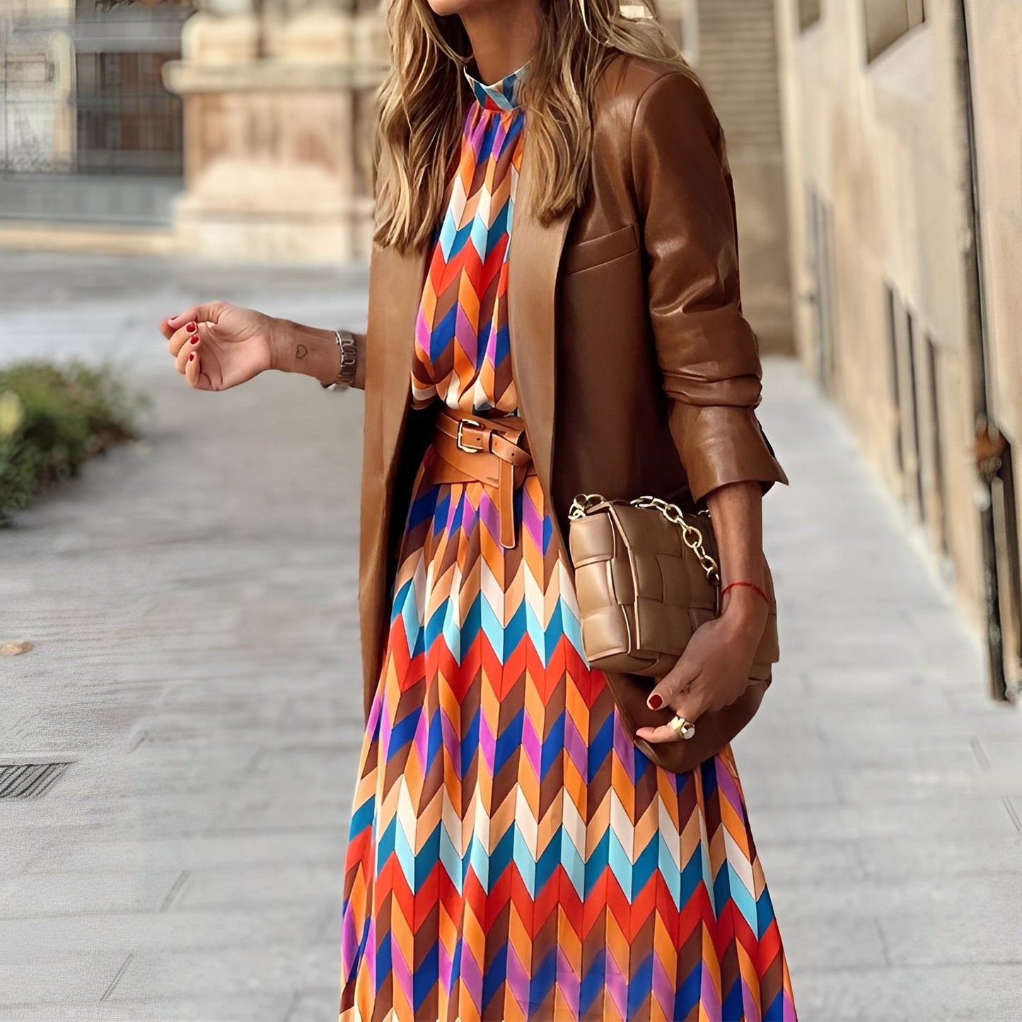 Damska Kolorowa Wzorzysta Wiązana Midi Sukienka