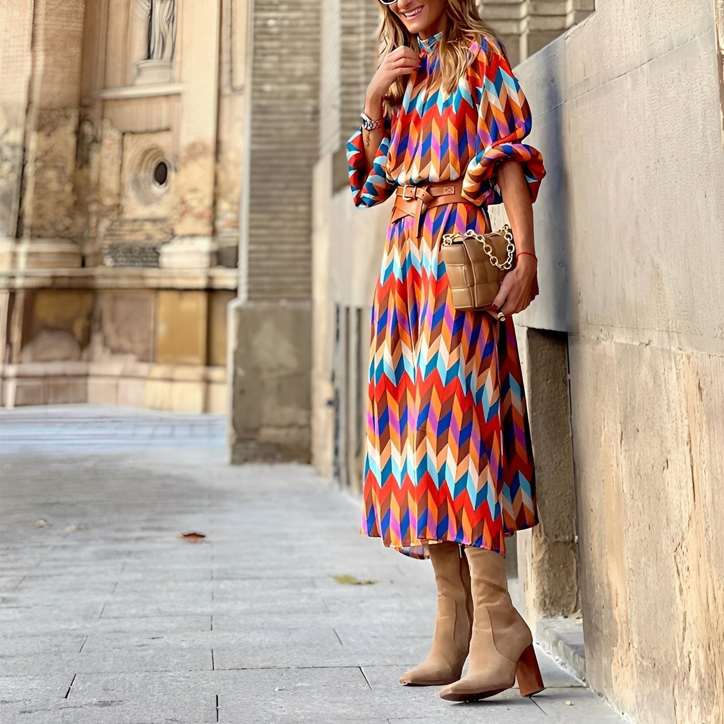 Damska Kolorowa Wzorzysta Wiązana Midi Sukienka