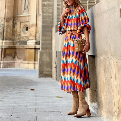 Damska Kolorowa Wzorzysta Wiązana Midi Sukienka
