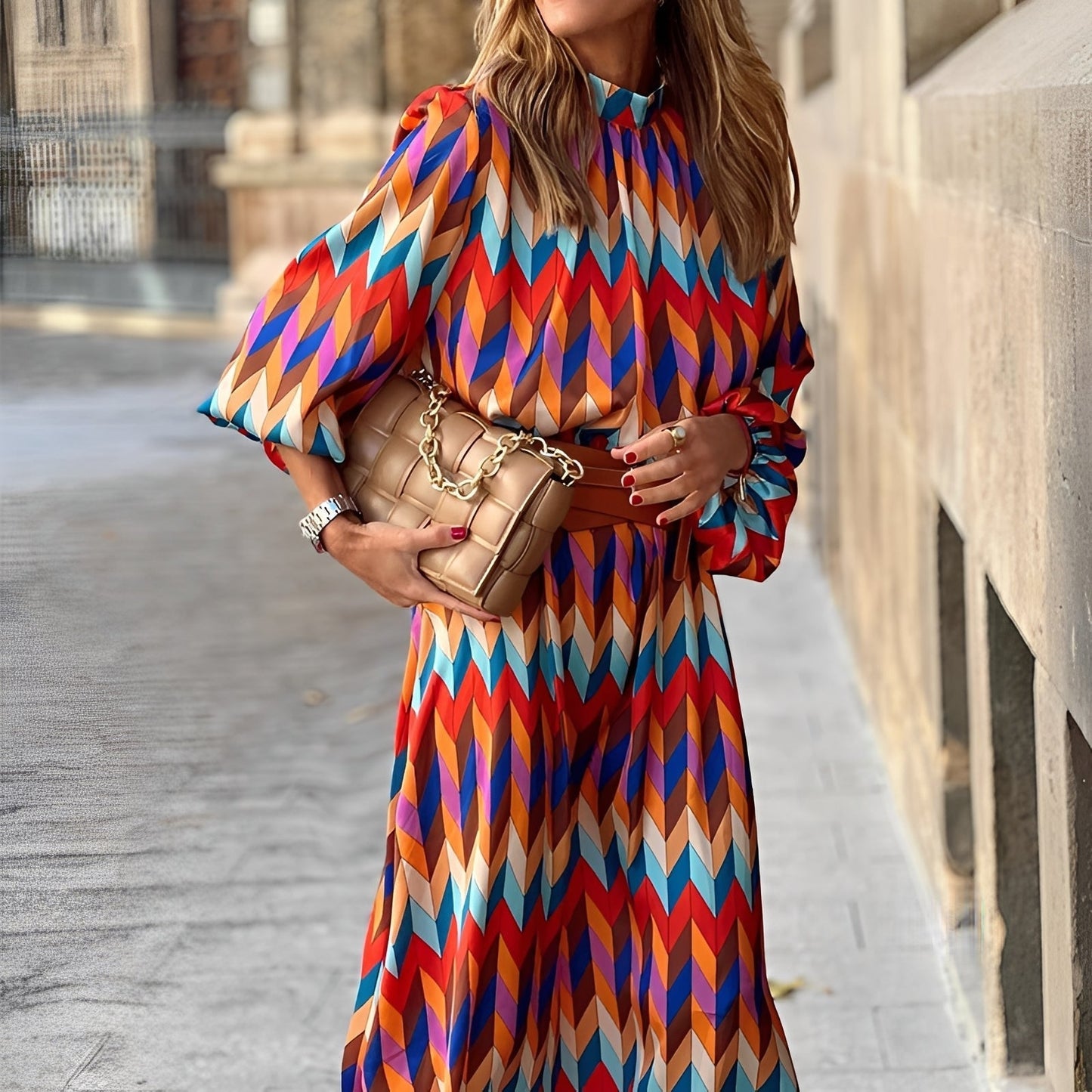 Damska Kolorowa Wzorzysta Wiązana Midi Sukienka