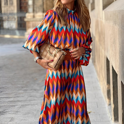 Damska Kolorowa Wzorzysta Wiązana Midi Sukienka