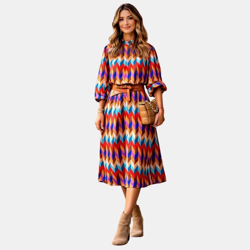 Damska Kolorowa Wzorzysta Wiązana Midi Sukienka