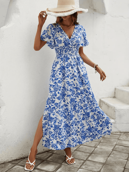 Damska Letnia Boho Kwiatowa V Neck Krótki Rękaw Maxi Sukienka