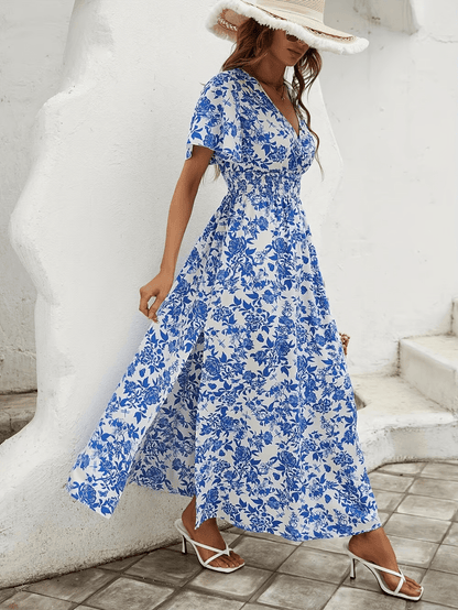Damska Letnia Boho Kwiatowa V Neck Krótki Rękaw Maxi Sukienka