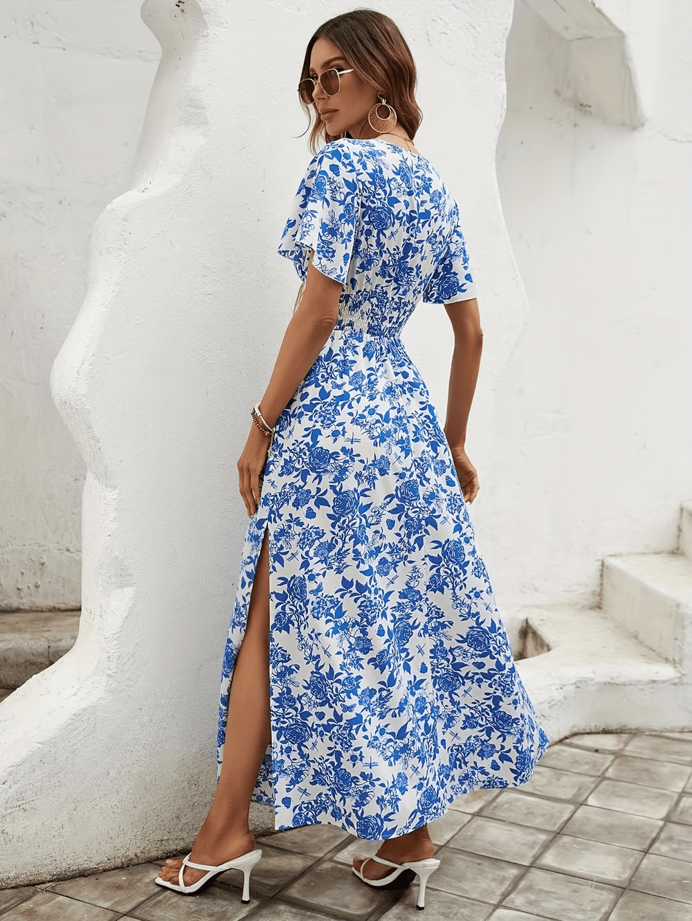 Damska Letnia Boho Kwiatowa V Neck Krótki Rękaw Maxi Sukienka