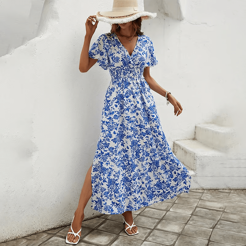 Damska Letnia Boho Kwiatowa V Neck Krótki Rękaw Maxi Sukienka