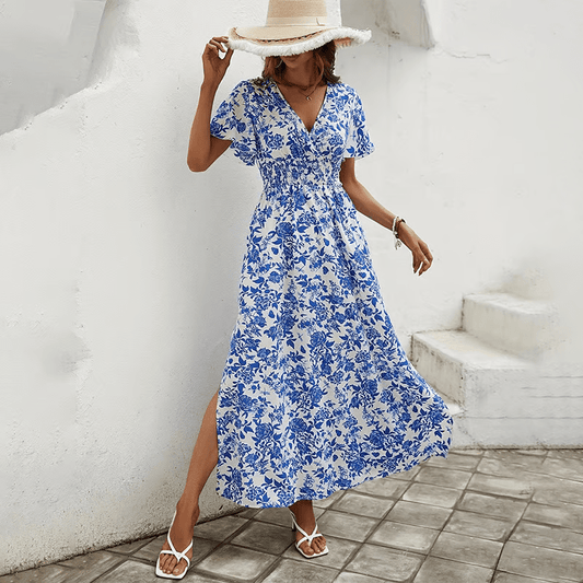 Damska Letnia Boho Kwiatowa V Neck Krótki Rękaw Maxi Sukienka