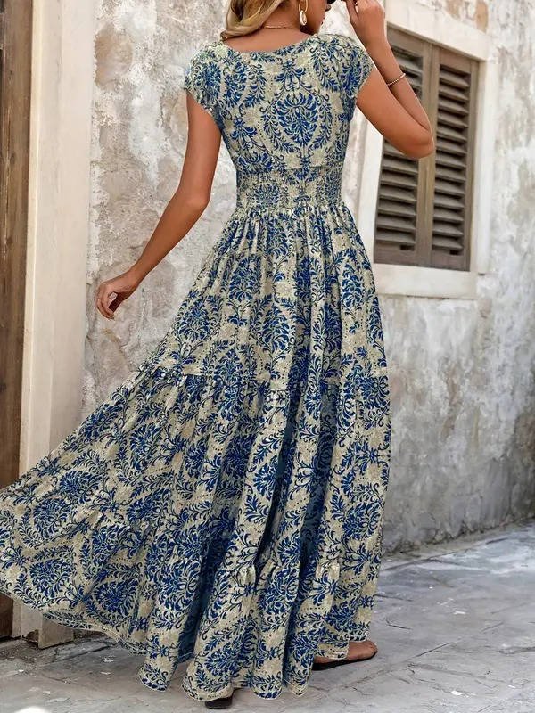 Damska Letnia Boho Kwiatowa V-Neck Maxi Sukienka