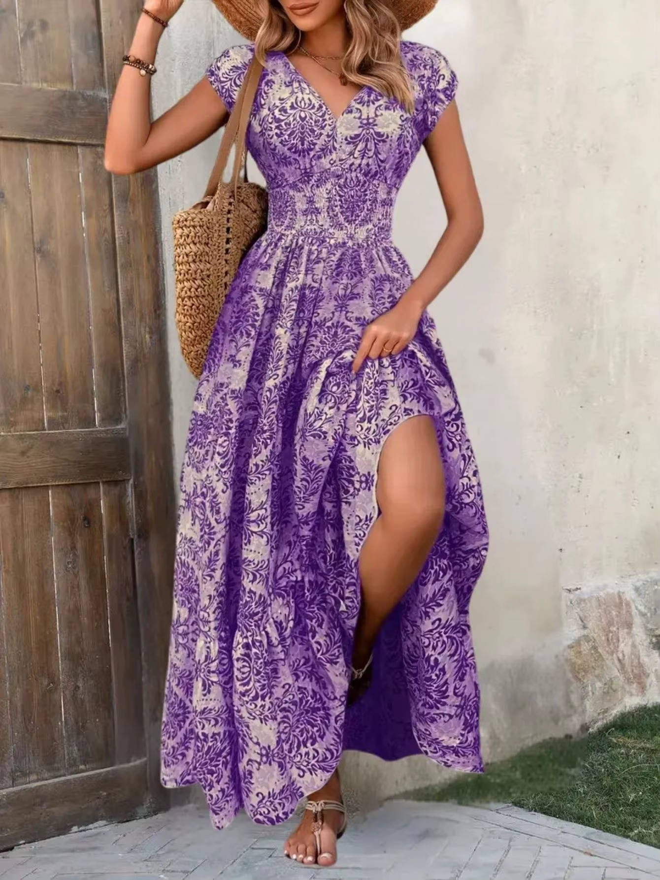 Damska Letnia Boho Kwiatowa V-Neck Maxi Sukienka
