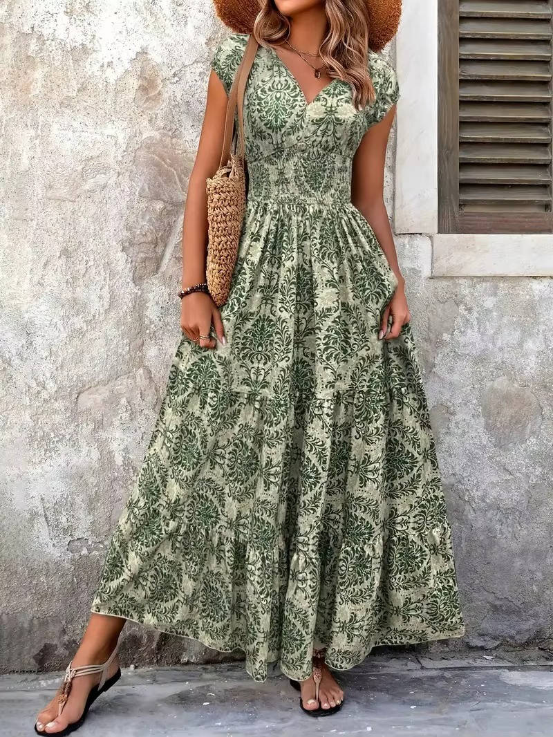 Damska Letnia Boho Kwiatowa V-Neck Maxi Sukienka