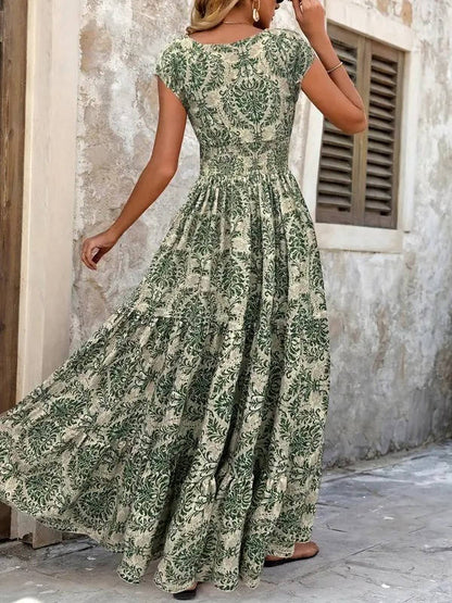 Damska Letnia Boho Kwiatowa V-Neck Maxi Sukienka