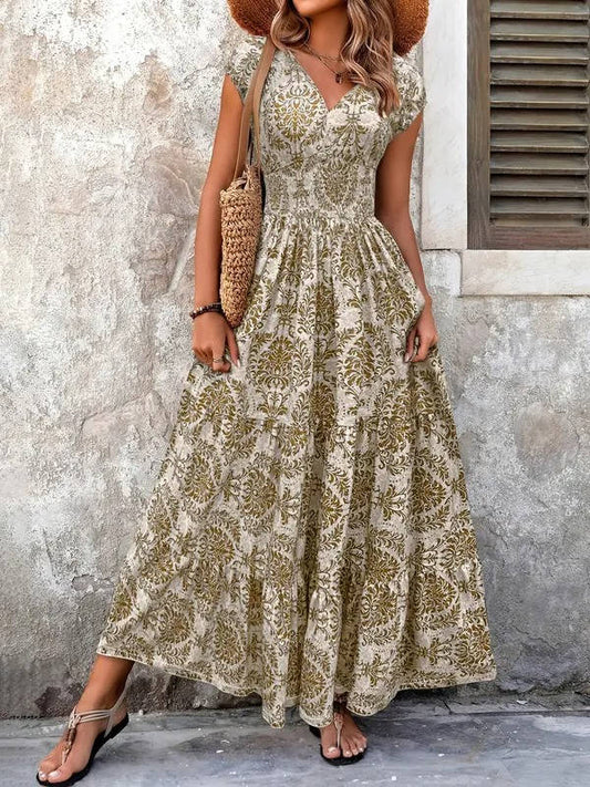 Damska Letnia Boho Kwiatowa V-Neck Maxi Sukienka
