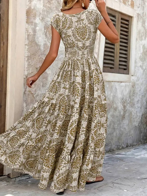 Damska Letnia Boho Kwiatowa V-Neck Maxi Sukienka