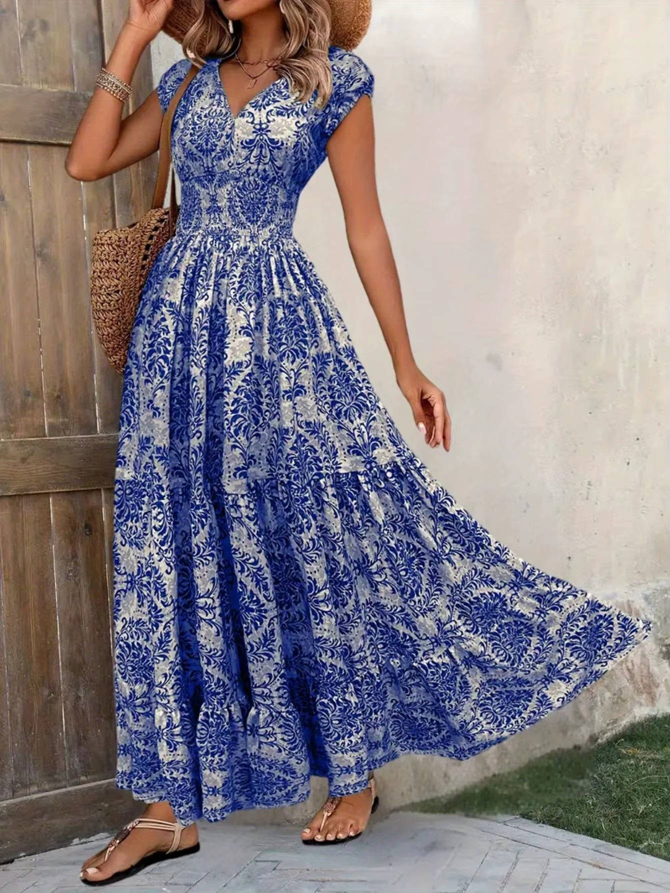 Damska Letnia Boho Kwiatowa V-Neck Maxi Sukienka