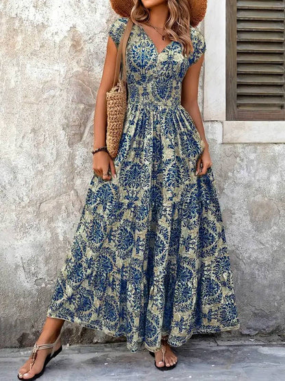 Damska Letnia Boho Kwiatowa V-Neck Maxi Sukienka