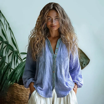 Damska Letnia Boho Lniana Długi Rękaw Koszula