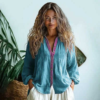 Damska Letnia Boho Lniana Długi Rękaw Koszula