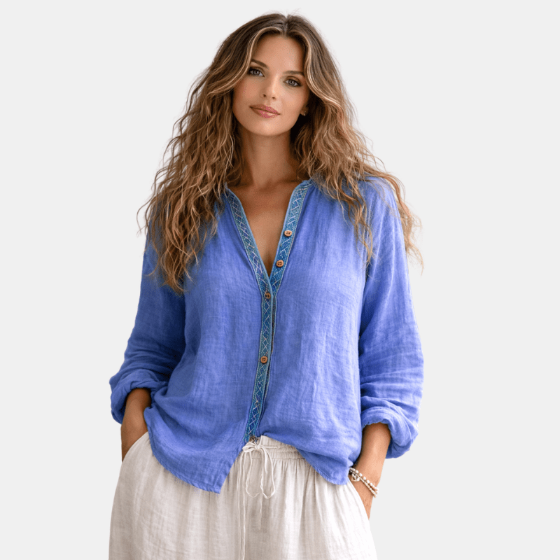 Damska Letnia Boho Lniana Długi Rękaw Koszula
