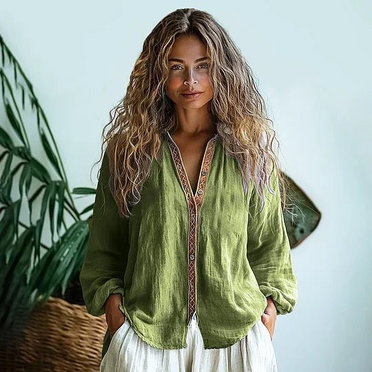 Damska Letnia Boho Lniana Długi Rękaw Koszula