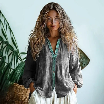 Damska Letnia Boho Lniana Długi Rękaw Koszula