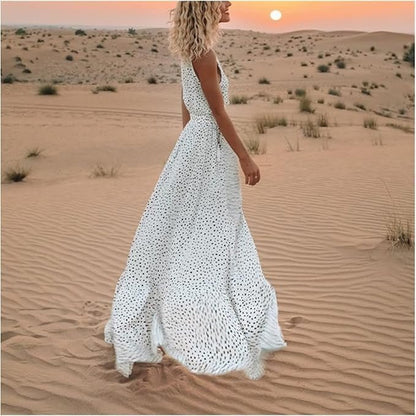 Damska Letnia Boho V-Neck Bez Rękawów Maxi Sukienka