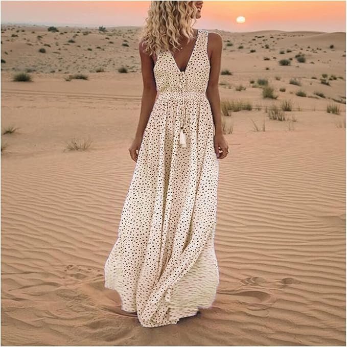 Damska Letnia Boho V-Neck Bez Rękawów Maxi Sukienka
