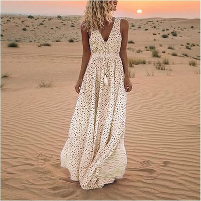 Damska Letnia Boho V-Neck Bez Rękawów Maxi Sukienka
