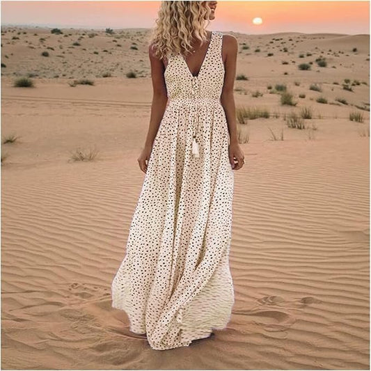 Damska Letnia Boho V-Neck Bez Rękawów Maxi Sukienka