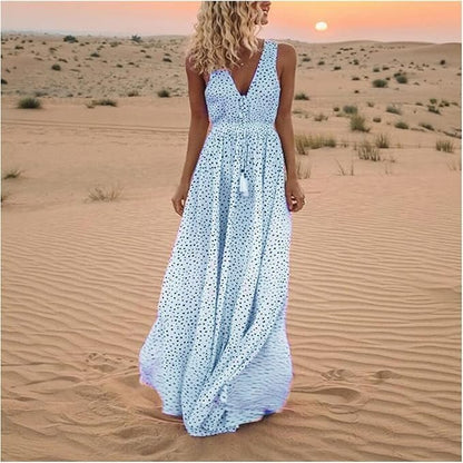 Damska Letnia Boho V-Neck Bez Rękawów Maxi Sukienka