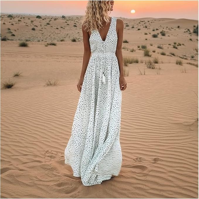 Damska Letnia Boho V-Neck Bez Rękawów Maxi Sukienka