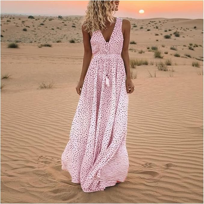 Damska Letnia Boho V-Neck Bez Rękawów Maxi Sukienka